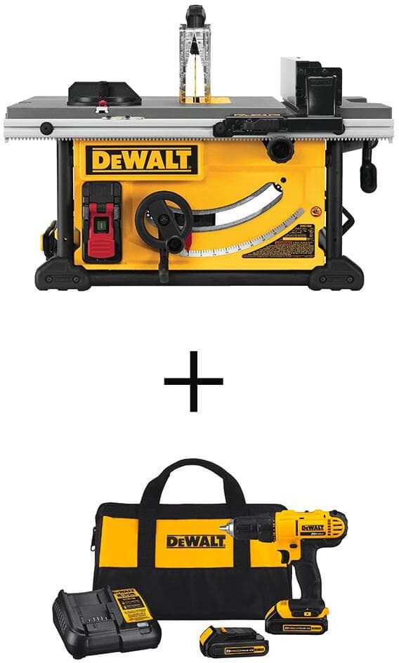 DeWalt 15 Amp Corded 10 in. Job Site Table Saw with Rolling Stand with 20V 1/2 in. Drill/Driver, Two 1.3Ah Batteries & Charger