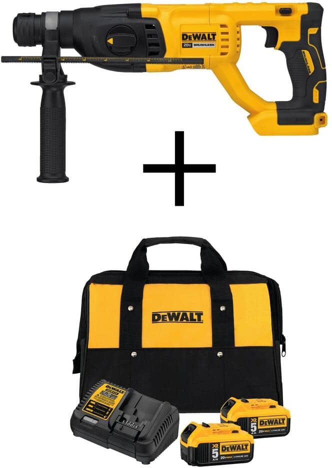 DeWalt 20-Volt MAX Cordless Brushless 1 in. SDS Plus Rotary Hammer (Tool-Only) with 20V 5.0Ah Battery (2-Pack), Charger & Bag