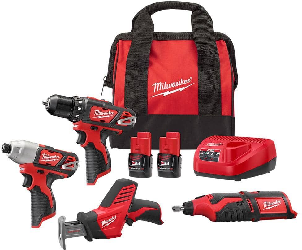 Milwaukee M12 12V Lithium-Ion Cordless 4-Tool Combo Kit with (2) Compact 1.5Ah Batteries and Charger