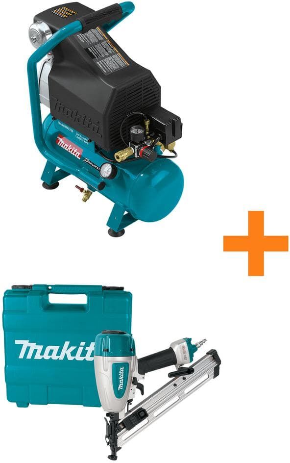 Makita 2.6 Gal. 2 HP Portable Electrical Hot Dog Air Compressor with Bonus Pneumatic 15-Gauge, 2.5 in. Angled Finish Nailer