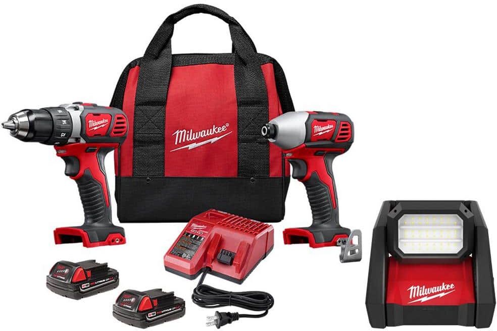 Milwaukee M18 18-Volt Lithium-Ion Cordless Drill Driver/Impact Driver Combo Kit (2-Tool) W/Two 1.5Ah Batteries & AC/DC Flood Light