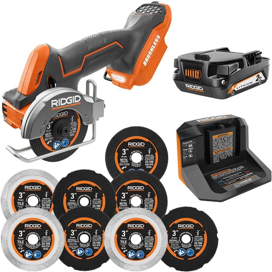 RIDGID 18V SubCompact Brushless Cordless 3 in. Multi-Material Saw Kit with (9) Cutting Wheels, 2.0 Ah Battery, and 18V Charger