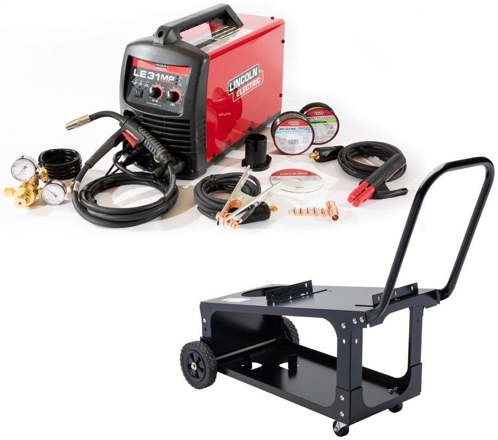 Lincoln Electric 140 Amp LE31MP Multi-Process Stick/MIG/TIG Welder, Magnum Pro 100L Gun, MIG and Flux-Cored Wire, 120V and Welding Cart