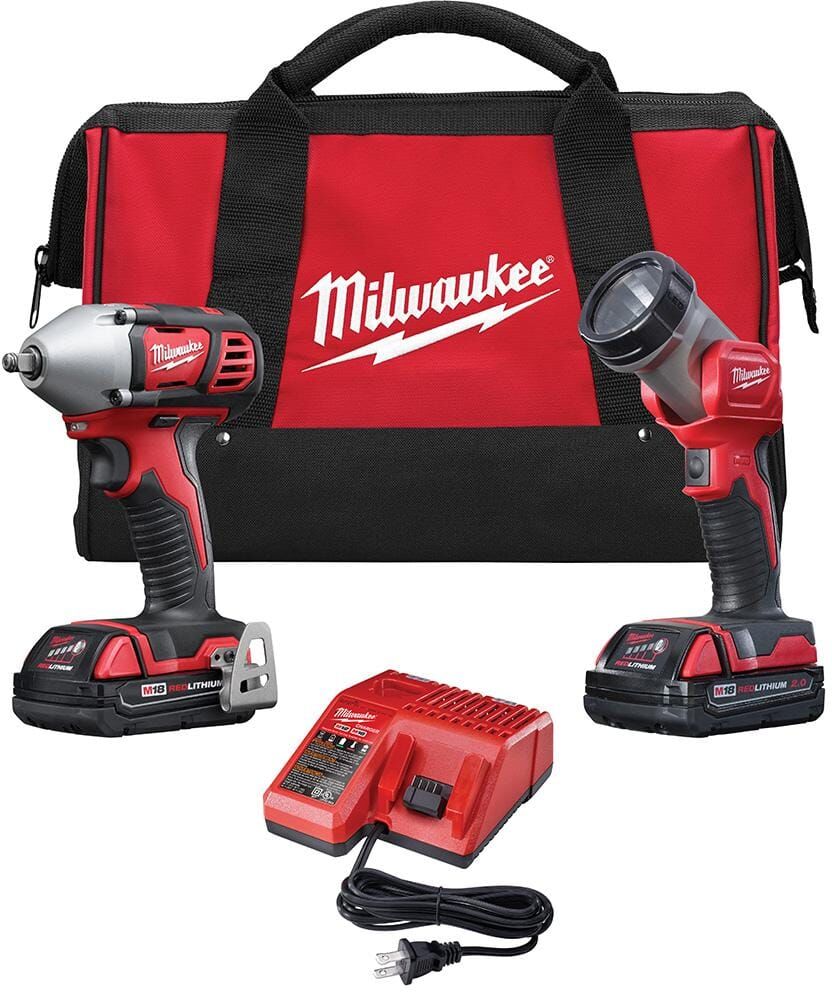 Milwaukee M18 18V Lithium-Ion Cordless Impact Wrench/Light Combo Kit (2-Tool) with Two 1.5 Ah Batteries, Charger, Tool Bag