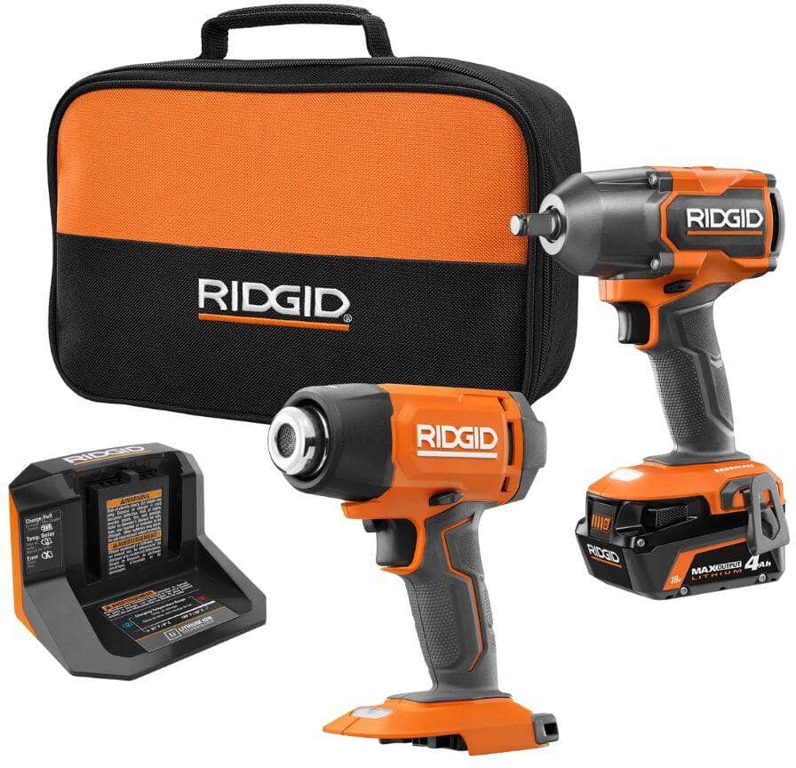 RIDGID 18V Cordless 2-Tool Combo Kit w/ Brushless 1/2 in. Impact Wrench, Heat Gun, 4.0 Ah MAX Output Battery, and Charger