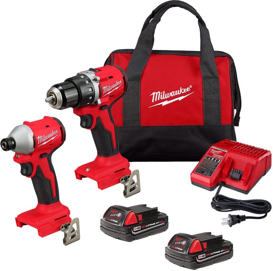 Milwaukee M18 18V Lithium-Ion Brushless Cordless Compact Drill/Impact Combo Kit (2-Tool) w/(2) 2.0 Ah Batteries, Charger & Bag