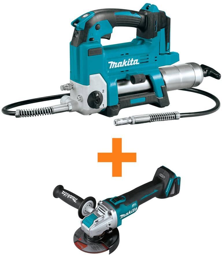 Makita 18V LXT Lithium-Ion Grease Gun (Tool Only) with 18V LXT Lithium-Ion Brushless 4-1/2 in./5 in. X-LOCK Angle Grinder