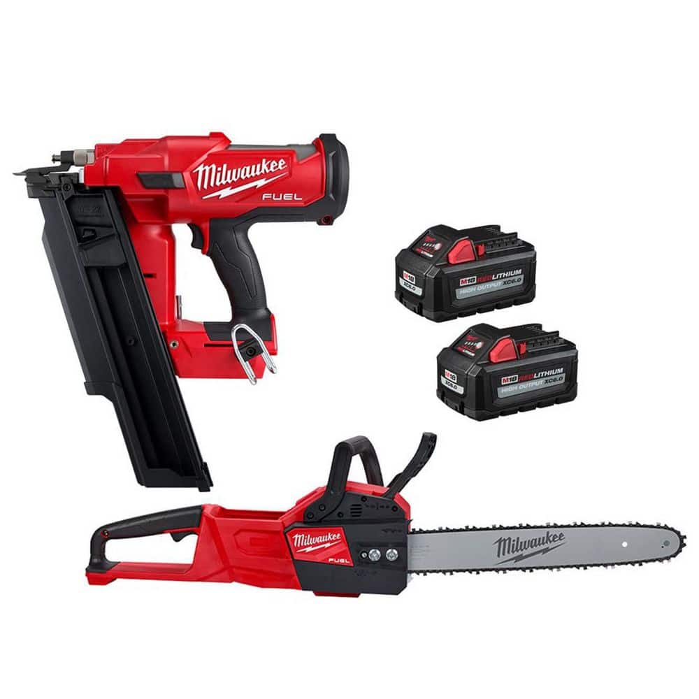 Milwaukee M18 FUEL 3-1/2 in 18-Volt 21-Degree Lithium-Ion Brushless Cordless Nailer w/16 in FUEL Chainsaw, Two 6Ah HO Batteries