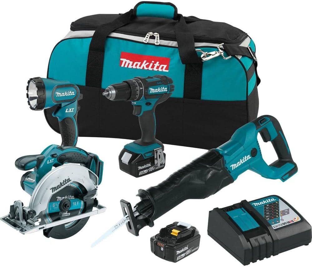 Makita 18V LXT 3.0Ah Lithium-Ion Cordless Combo Kit - Hammer Drill/Circular Saw/Reciprocating Saw/Flashlight (4-Piece)