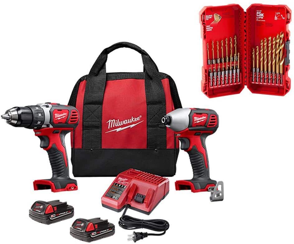 Milwaukee M18 18V Lithium-Ion Cordless Drill Driver/Impact Driver Combo Kit (2-Tool) W/ 23PC Drill Bit Set