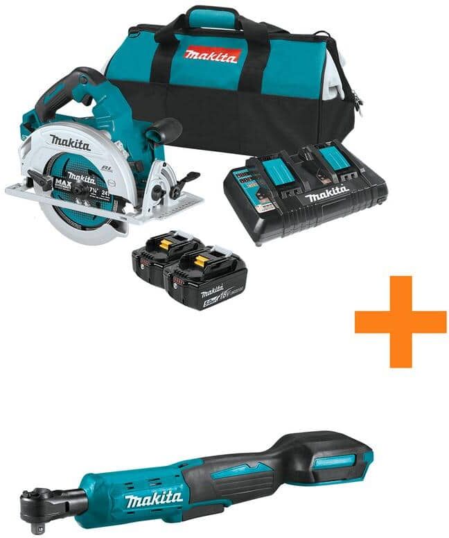 Makita 18V X2 LXT 5.0Ah (36V) Brushless Rear Handle 7-1/4 in. Circular Saw Kit with bonus 18V LXT Square Drive Ratchet