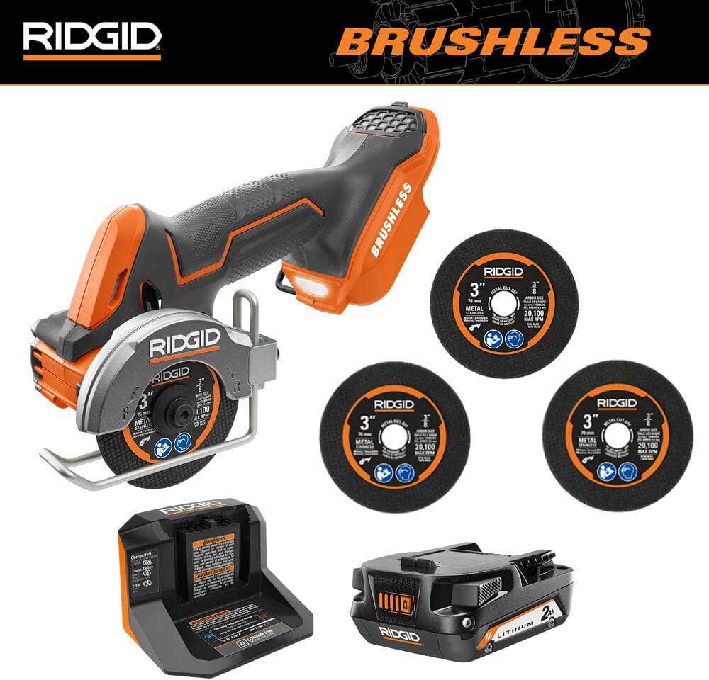 RIDGID 18V SubCompact Brushless Cordless 3 in. Multi-Material Saw Kit with (6) Cutting Wheels, 2.0 Ah Battery, and 18V Charger