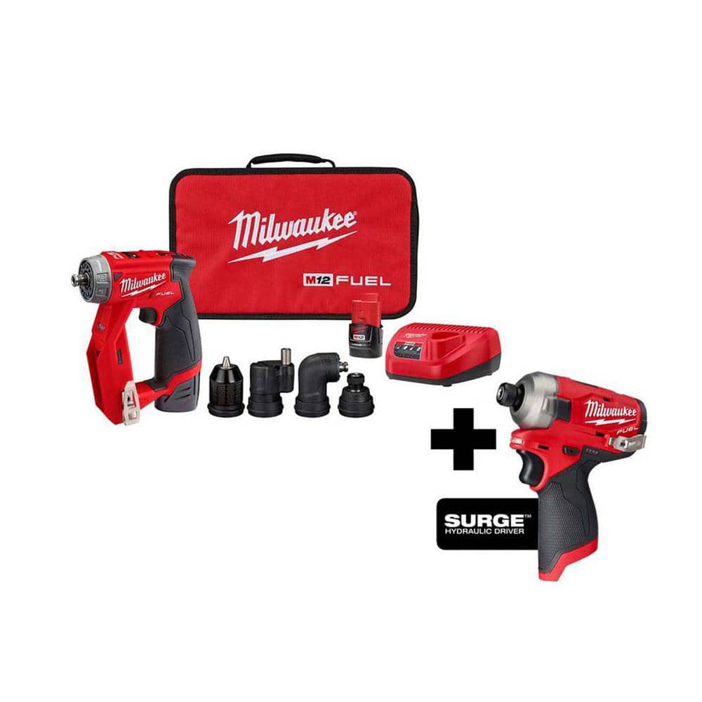 Milwaukee M12 FUEL 12V Lithium-Ion Brushless Cordless 4-in-1 Installation 3/8in. Drill Driver & SURGE Impact Driver Combo Kit