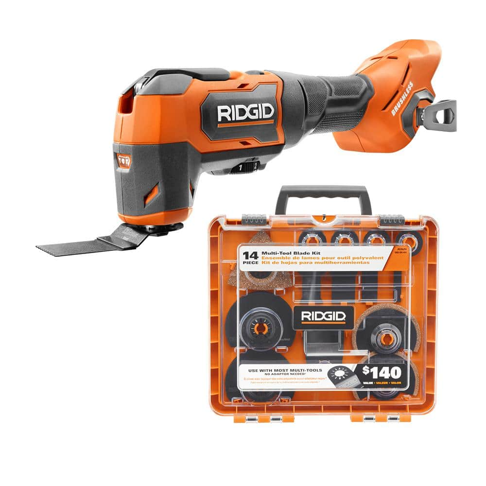 RIDGID 18V Brushless Cordless Oscillating Multi-Tool (Tool Only) and 14-Piece Oscillating Blade Set