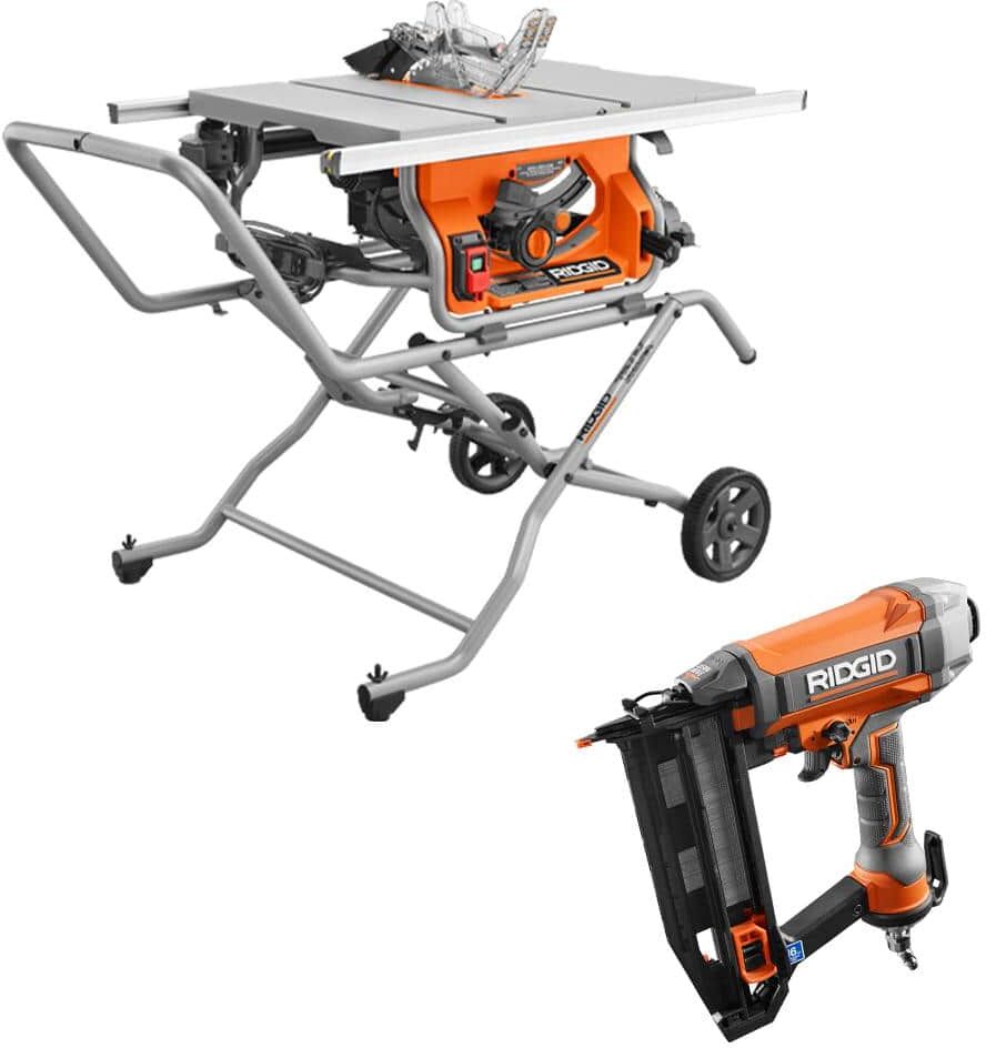 RIDGID 15 Amp 10 in. Portable Pro Jobsite Table Saw with Rolling Stand and Pneumatic 16-Gauge 2-1/2 in. Straight Finish Nailer