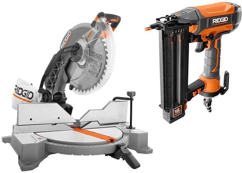 RIDGID 15 Amp Corded 12 in. Dual Bevel Miter Saw with LED and Pneumatic 18-Gauge 2-1/8 in. Brad Nailer with Tool Bag