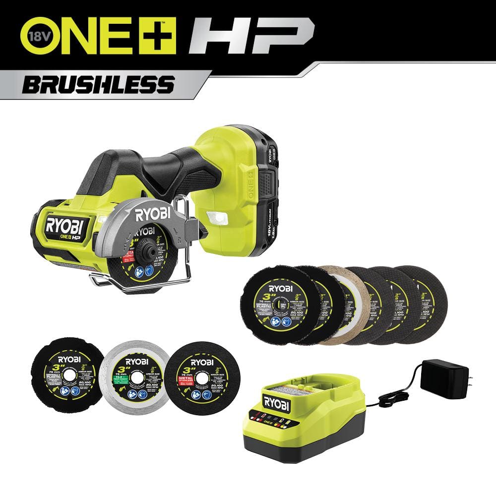 RYOBI ONE+ HP 18V Brushless Cordless Compact Cut-Off Tool Kit with Battery, 18V Charger, & Carbide Cut Off Wheel Set (6-Piece)
