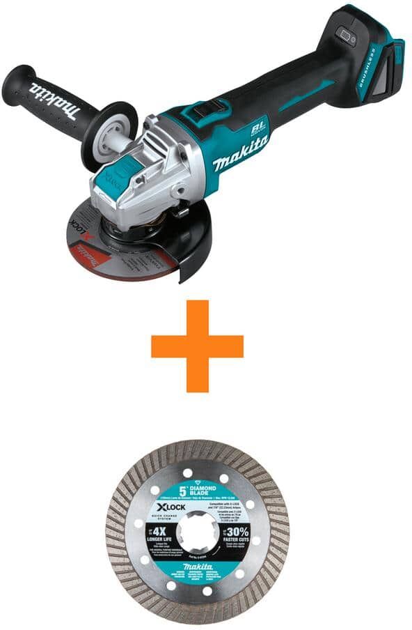 Makita 18V LXT Cordless Brushless 4.5/5 in. X-LOCK Angle Grinder, Tool Only with Bonus X-LOCK 5 In. Masonry Cutting Blade