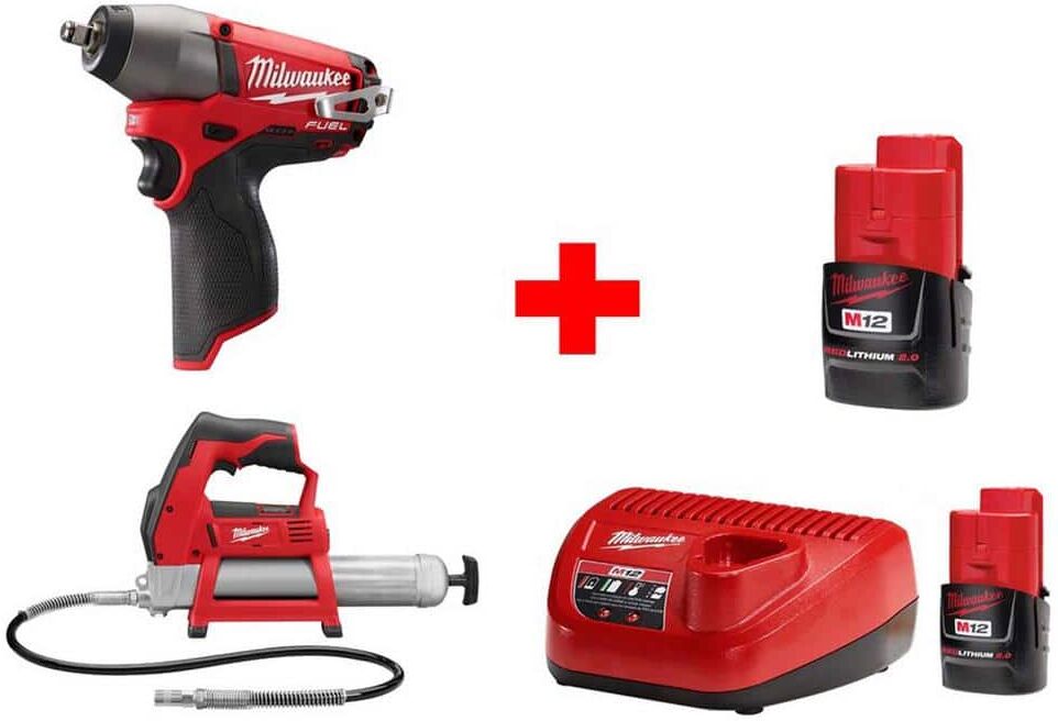 Milwaukee M12 12V Lithium-Ion Cordless FUEL 3/8 in. Impact Wrench and Grease Gun Combo Kit (2-Tool)