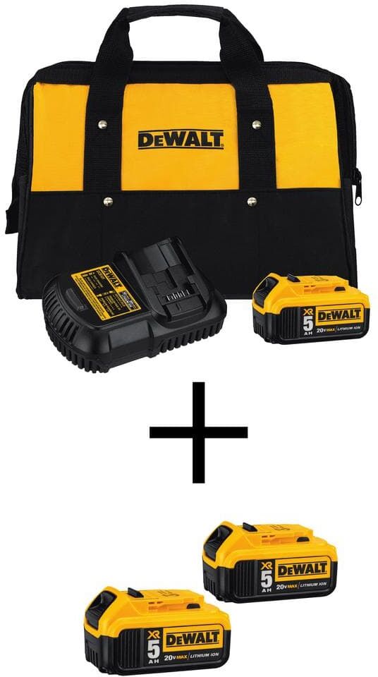 DeWalt 20V MAX XR Premium Lithium-Ion 5.0Ah Battery Pack (3 Pack), Charger and Kit Bag