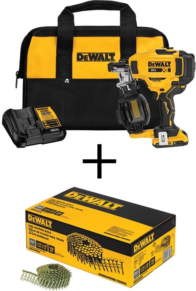 DeWalt 20V MAX Lithium-Ion 15-Degree Cordless Roofing Nailer Kit with 1-1/4 in. x 0.120-Gauge Coil Roofing Nails (7,200-Pack)