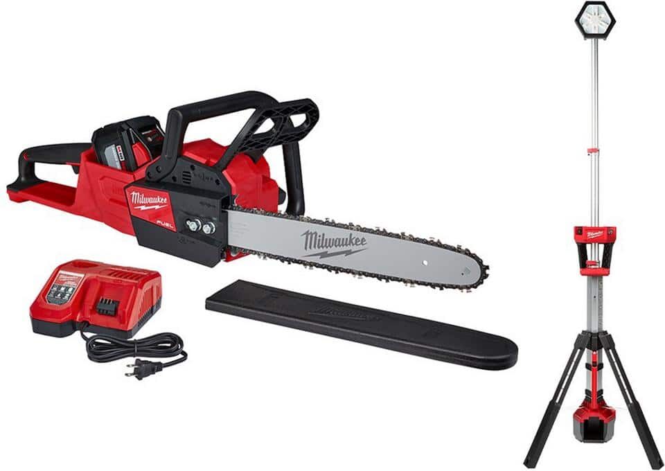 Milwaukee M18 FUEL 16 in. 18V Lithium-Ion Brushless Battery Chainsaw Kit and Tower Light Combo Kit (2-Tool)