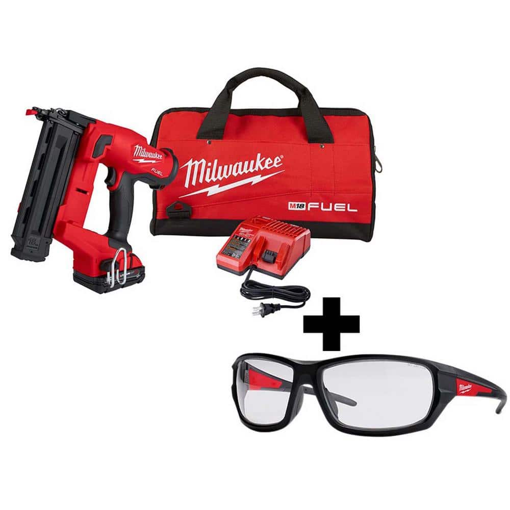 Milwaukee M18 FUEL 18-Volt 18-Gauge Lithium-Ion Brushless Cordless Gen II Brad Nailer Kit and Clear Performance Safety Glasses