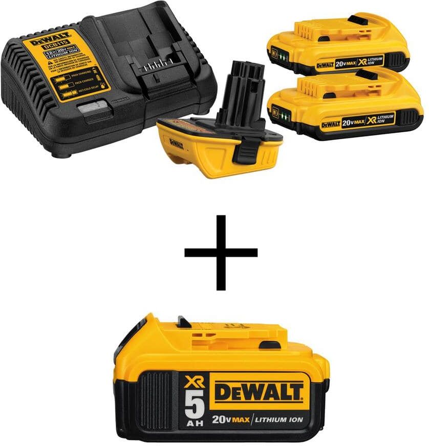 DeWalt 18V to 20V MAX Lithium-Ion Battery Adapter, Charger, (2) 2.0Ah Battery Packs and 20V MAX XR 5.0Ah Battery