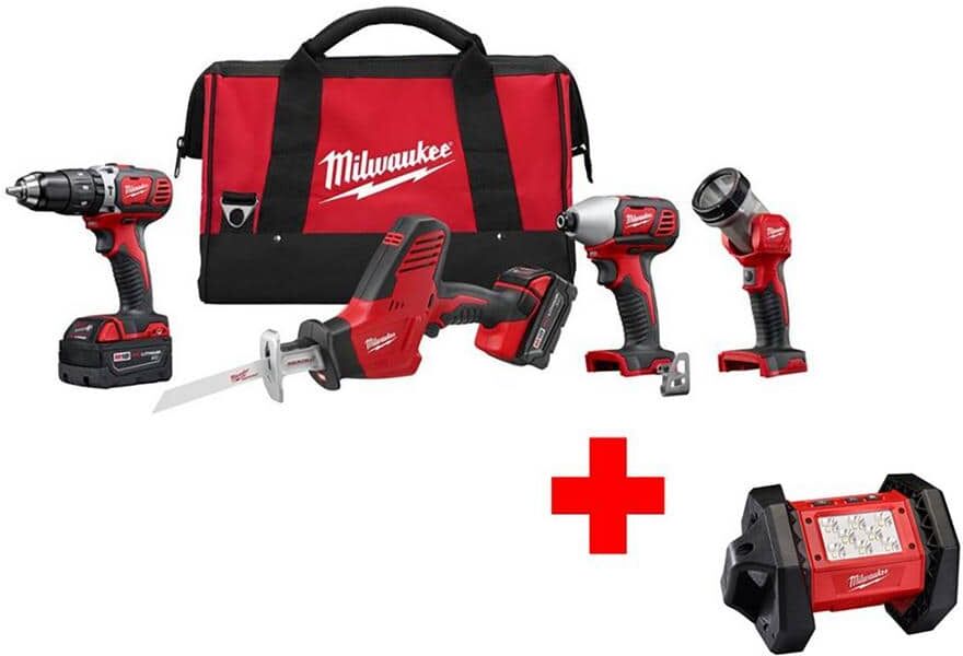 Milwaukee M18 18V Lithium-Ion Cordless Hammer Drill/Hackzall/Impact Driver/Light Combo Kit(4-Tool), Free M18 LED Flood Light