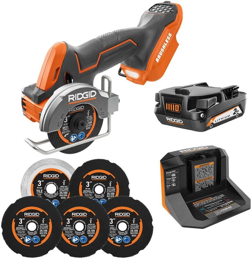 RIDGID 18V SubCompact Brushless Cordless 3 in. Multi-Material Saw Kit with (6) Cutting Wheels, 2.0 Ah Battery, and 18V Charger