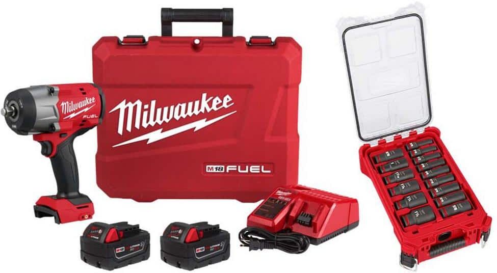 Milwaukee M18 FUEL 18V Lithium-Ion Brushless Cordless High-Torque 1/2 in. Impact Wrench w/Friction Ring Kit and Impact Socket Set