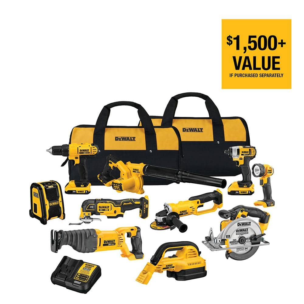 DeWalt 20V MAX Cordless 10 Tool Combo Kit with (2) 20V 2.0Ah Batteries, Charger, and Bag