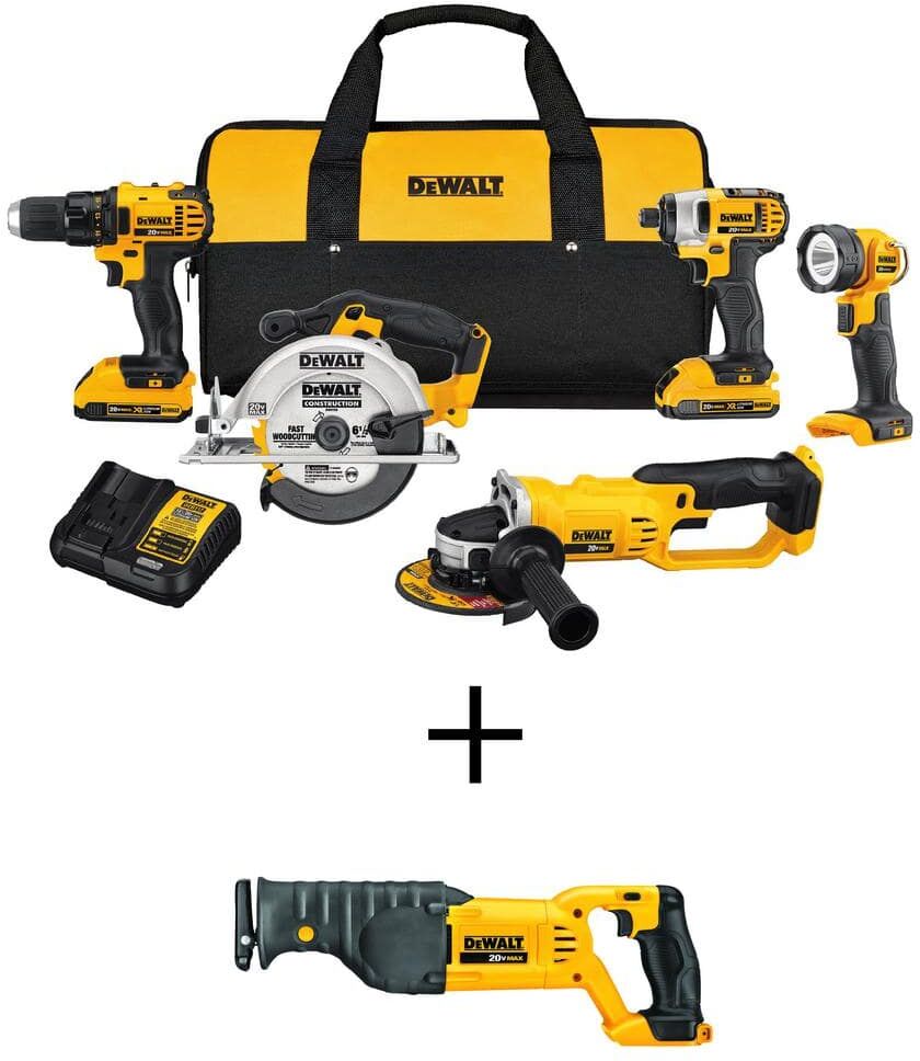 DeWalt 20V MAX Li-Ion Cordless 5 Tool Combo Kit, 20V MAX Reciprocating Saw, (2) 20V 2.0Ah Batteries, and Charger