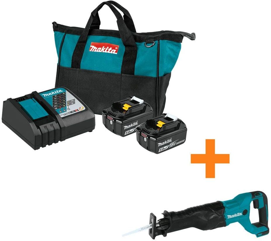 Makita 18V LXT Lithium-Ion Battery and Rapid Optimum Charger Starter Pack (5.0Ah) with bonus 18V LXT Reciprocating Saw