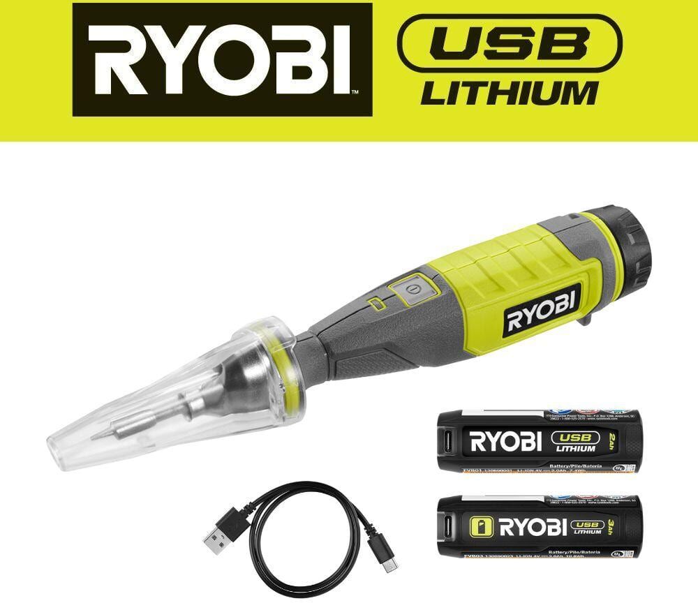 RYOBI USB Lithium Soldering Pen Kit with 2.0 Ah Battery, Charging Cable, and USB Lithium 3.0 Ah Battery