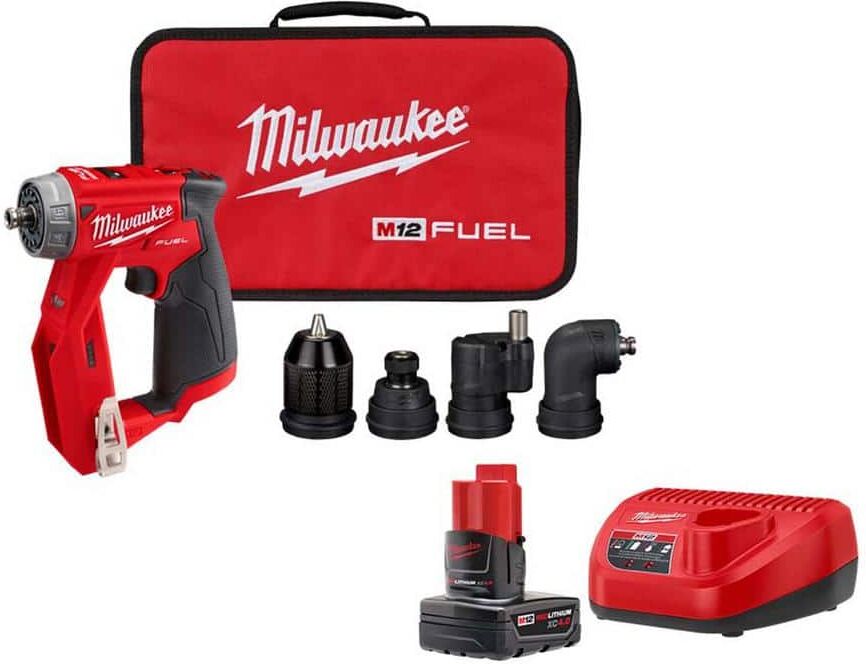 Milwaukee M12 FUEL 12V Lithium-Ion 4-in-1 Installation 3/8 in. Drill Driver w/M12 12-Volt 4.0 Ah and Charger Starter Kit