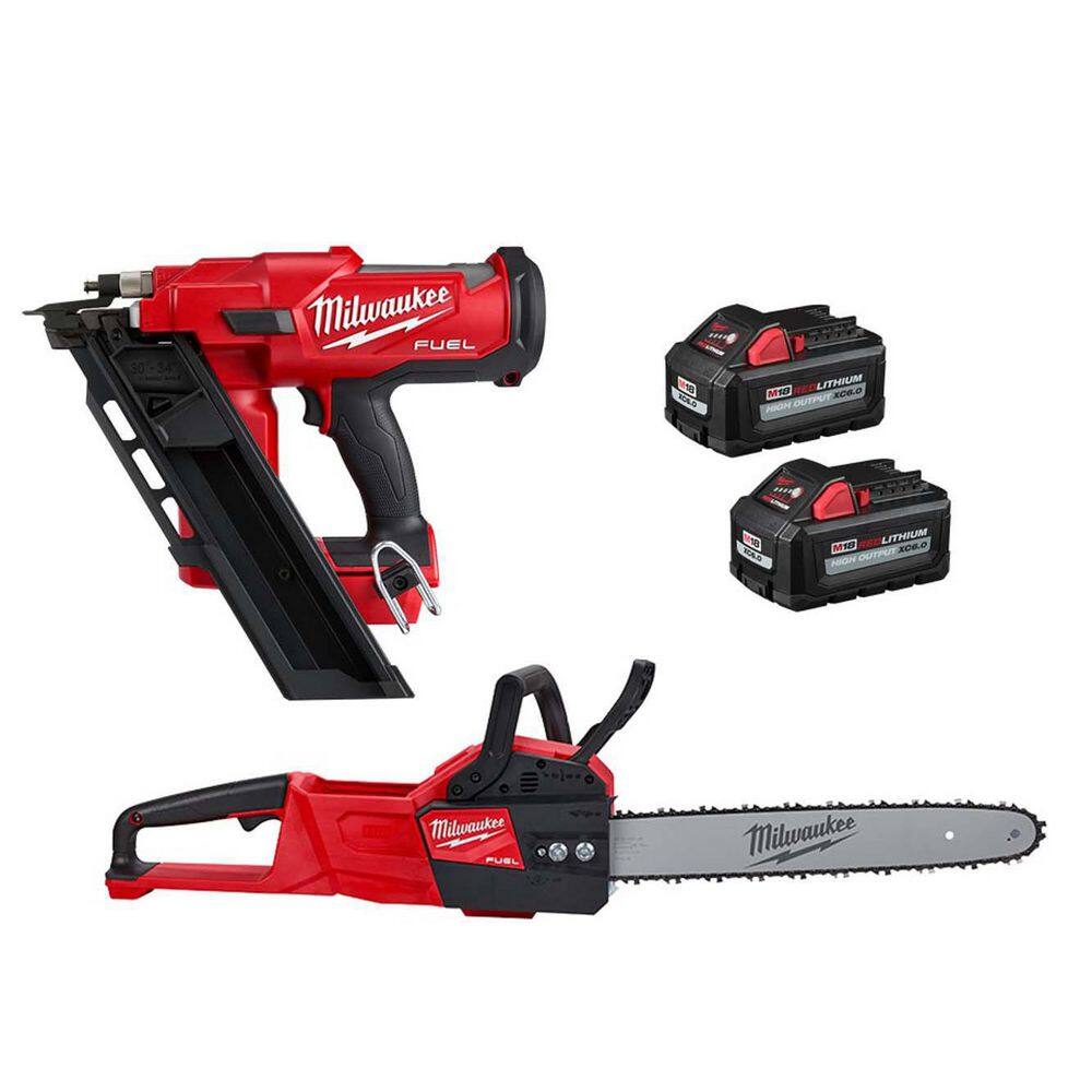 Milwaukee M18 FUEL 3-1/2 in. 18-Volt 30-Degree Lithium-Ion Brushless Cordless Nailer w/16 in.FUEL Chainsaw, Two 6Ah HO Batteries