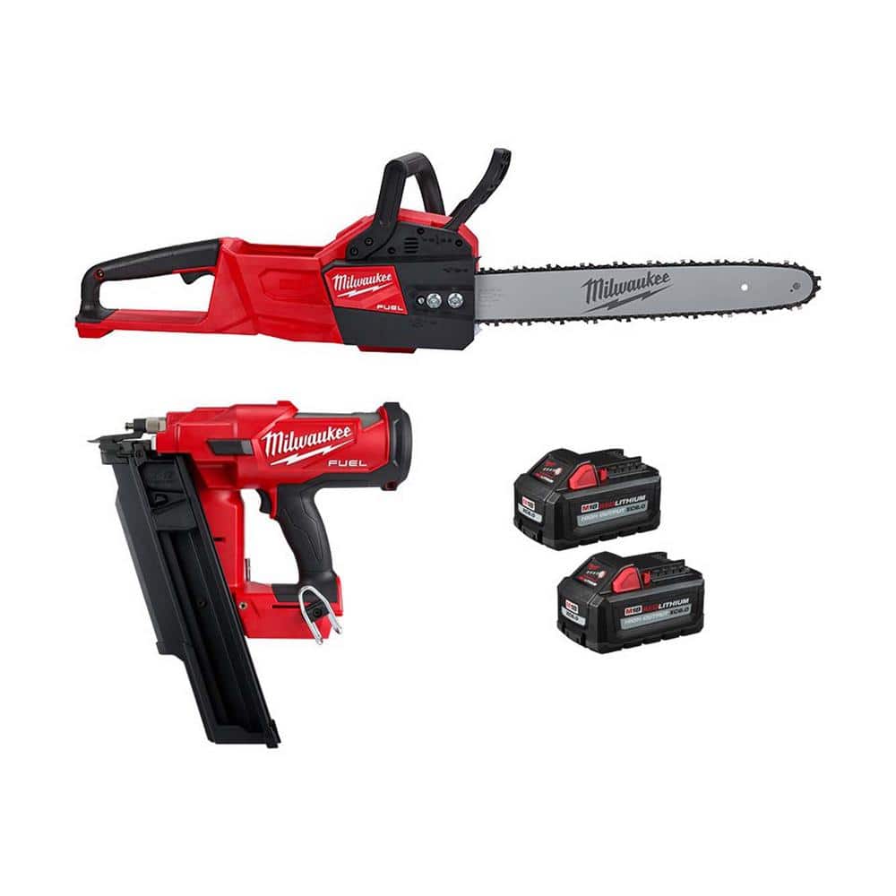 Milwaukee M18 FUEL 16 in. 18V Brushless Battery Electric Chainsaw w/3-1/2 in. 21-Degree Framing Nailer, Two 6Ah HO Batteries