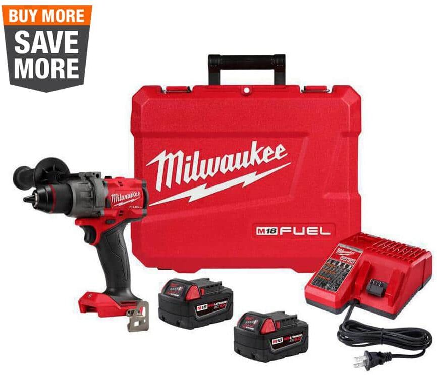 Milwaukee M18 FUEL 18V Lithium-Ion Brushless Cordless 1/2 in. Hammer Drill Driver Kit with Two 5.0 Ah Batteries and Hard Case