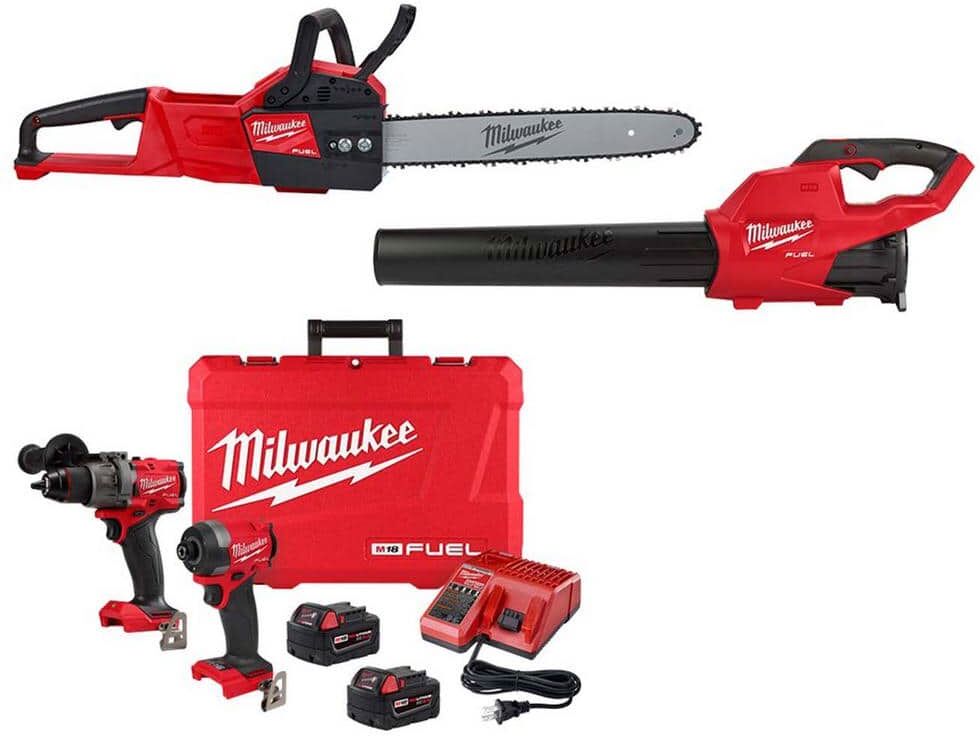 Milwaukee M18 FUEL 16 in. 18V Lithium-Ion Brushless Electric Battery Chainsaw w/Blower & Hammer Drill/Impact Driver Kit (2-Tool)