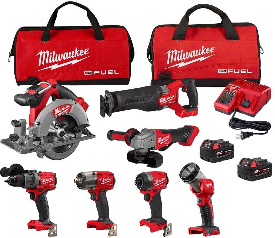 Milwaukee M18 FUEL 18V Lithium-Ion Brushless Cordless Combo Kit with Two 5.0 Ah Batteries, 1 Charger, 2 Tool Bags (7-Tool)