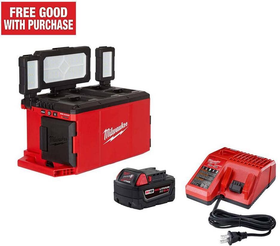 Milwaukee M18 18-Volt Lithium-Ion Cordless PACKOUT 3000 Lumens LED Light w/5.0Ah Battery Starter Kit