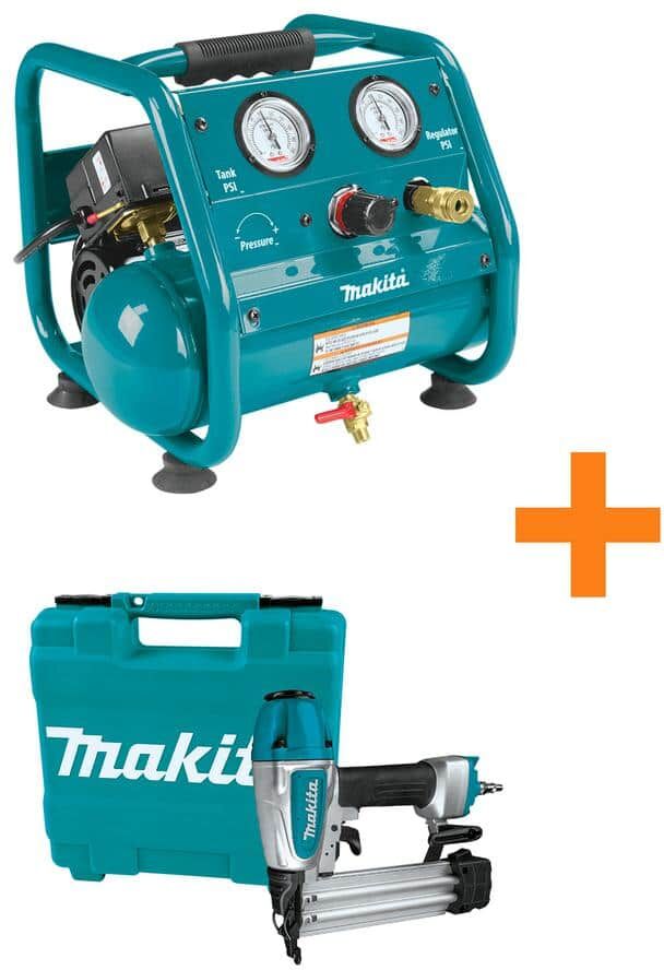 Makita 1 Gal. 125 PSI Portable Electric Compact Air Compressor with Bonus Pneumatic 2 in. 18-Gauge Brad Nailer