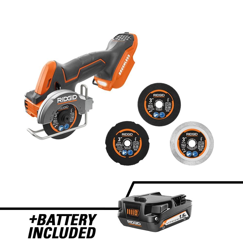 RIDGID 18V SubCompact Brushless Cordless 3 in. Multi-Material Saw with (3) Cutting Wheels and 18V Lithium-Ion 1.5 Ah Battery