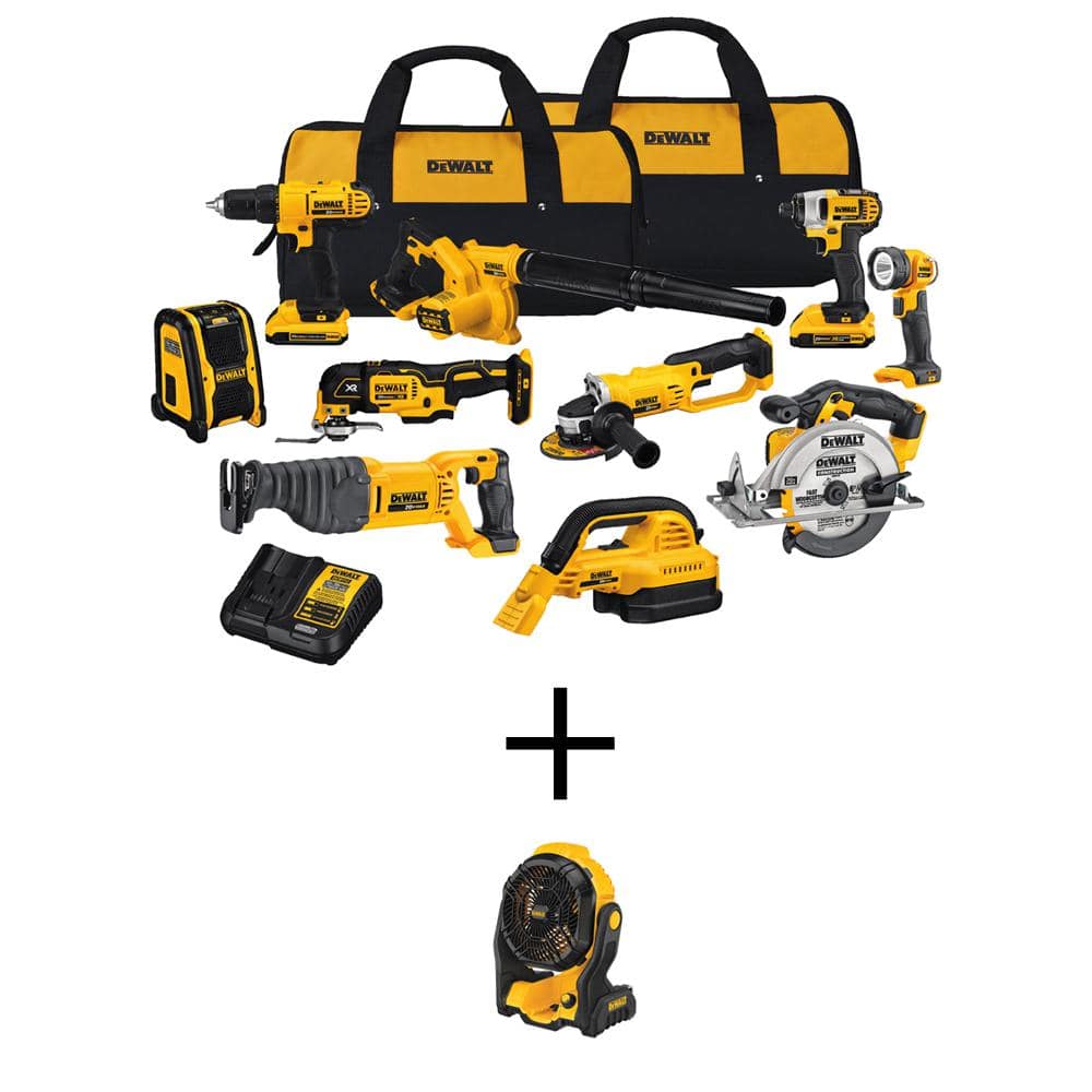 DeWalt 20V Max Cordless Combo Kit (10-Tool) and 20V MAX Jobsite Fan with (2) 20-Volt 2.0Ah Batteries, Charger & Bag and