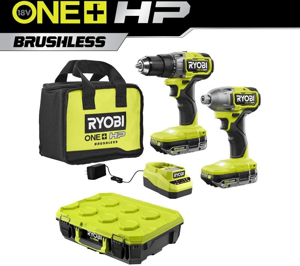 RYOBI ONE+ HP 18V Brushless Cordless Drill/Driver & Impact Driver Kit w/Batteries, Charger, and Bag w/LINK Standard Tool Box