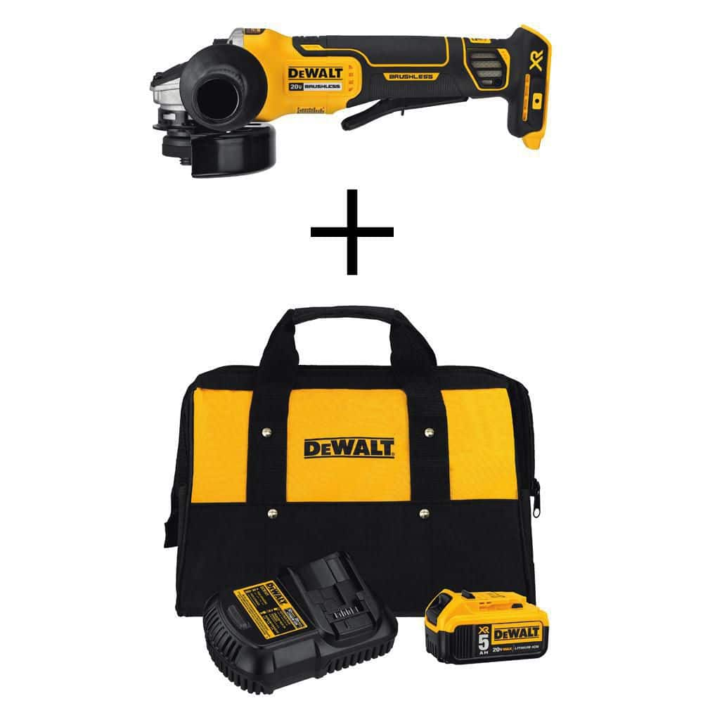 DeWalt 20V MAX XR Cordless Brushless 4.5 in. Paddle Switch Small Angle Grinder, (1) 20V 5.0Ah Battery, Charger, and Kit Bag