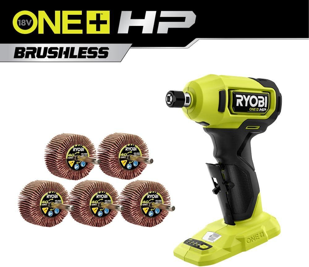 RYOBI ONE+ HP 18V Brushless Cordless Compact 1/4 in. Right Angle Die Grinder (Tool Only) with 40 Grit Flap Wheel Set (5-Piece)