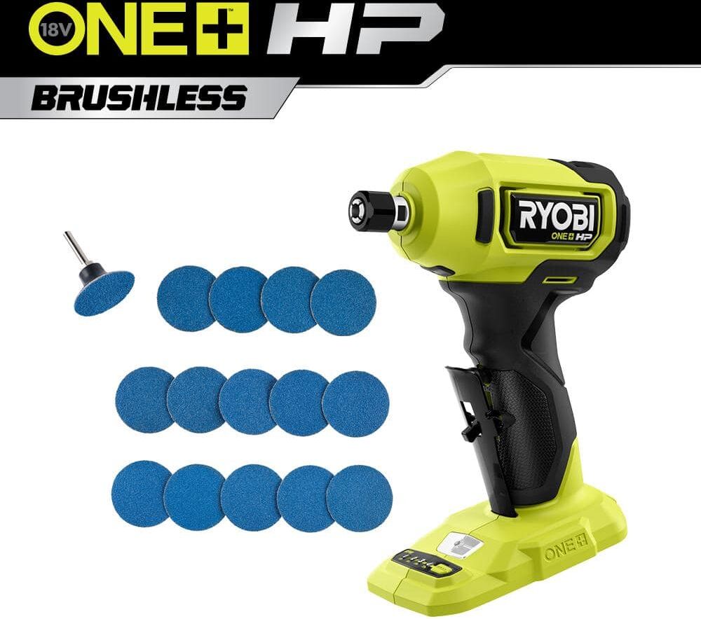 RYOBI ONE+ HP 18V Brushless Cordless Compact 1/4 in. Right Angle Die Grinder (Tool Only) w/ 2 in Surface Conditioning Disc Set