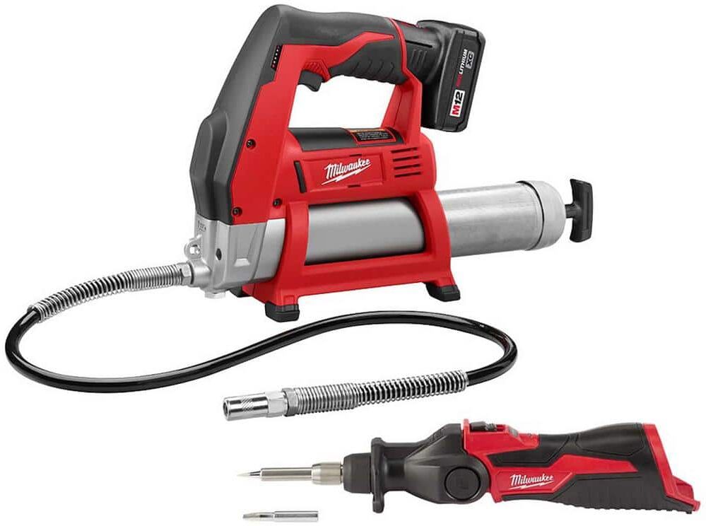 Milwaukee M12 12-Volt Lithium-Ion Cordless Grease Gun Kit with One 3.0 Ah Battery, Charger and Tool Bag with M12 Soldering Iron